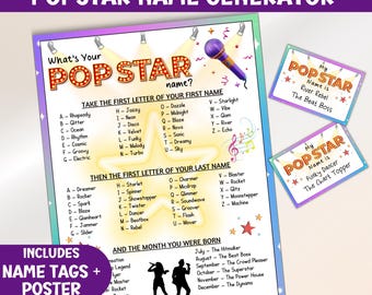 Jogo &quot;Qual é o seu nome de estrela pop&quot; para crianças, gerador de apelidos para estrelas pop de festa de aniversário, atividade para imprimir com nomes de celebridades, jogo de nomes de karaokê