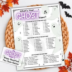 以下が含まれることがあります： What's Your GHOST Name?というタイトルの白いゲームシート。イニシャルと誕生月で名前を決めるリストが記載されています。シートには幽霊のイラスト、紫色の文字、そしてWispy Sheetfeet The Chain Rattlerという名前が書かれた小さなカードが含まれています。