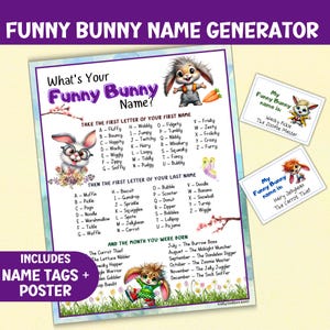 Whats Your Funny Bunny Name Party Game For Kids, Rabbit Label Generator Activity, Printable Easter Name Tags, Cute Funny Badge Download