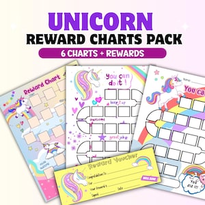 May include: A pack of unicorn-themed reward charts. The charts are colorful with illustrations of unicorns, rainbows, and stars. The text on the charts includes "Reward Chart", "You can do it!", and "Reward Voucher".