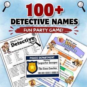 May include: A party game titled "100+ Detective Names Fun Party Game!" with instructions for creating detective names. The set includes a police badge, dice, and character illustrations. The game is designed for parties and gatherings.