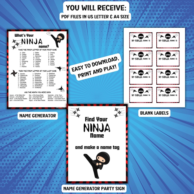 Whats Your Ninja Name Party Game for Kids, Fantasy Label Generator ...
