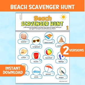 Caça ao tesouro na praia para imprimir para crianças, atividade para férias de verão, jogo de rastreamento e lista de verificação, jogo para festas ao ar livre, jogo de busca e descoberta nas férias de verão