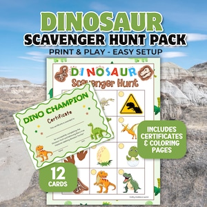 以下が含まれることがあります： 「DINOSAUR SCAVENGER HUNT PACK」のテキストが入った、恐竜をテーマにした宝探しパック。 証明書、塗り絵、12枚のカードが含まれています。 証明書には「DINO CHAMPION Certificate」と書かれています。