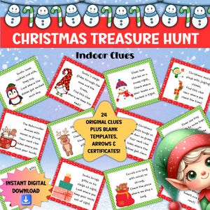 Caça ao tesouro de Natal, jogo de festa para imprimir para crianças, caça ao tesouro de atividades de férias para crianças em ambientes internos, cartões de dicas para presentes de advento