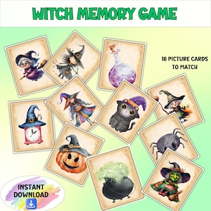 Jeu de mémoire de sorcière d'Halloween pour enfants, paires de cartes assorties, cartes flash mignonnes sur le thème de la sorcière, jeux d'Halloween à imprimer pour la maison et l'école