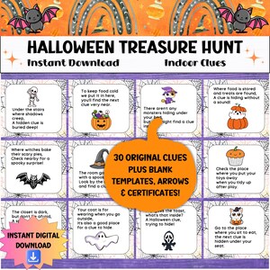 Caccia al tesoro di Halloween per bambini, gioco di società stampabile, attività per le vacanze al chiuso per bambini, divertimento in famiglia, caccia al tesoro, carte indizio "Dolcetto o scherzetto"