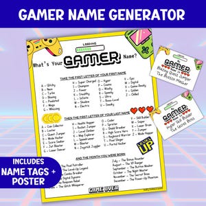 Op de afbeelding: Een Gamer Name Generator-poster met een gele achtergrond, met een lijst met namen, een laadbalk en een retro game controller-afbeelding. Inclusief naamlabels en een poster.