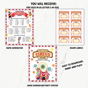 May include: A printable circus party game set with a name generator, blank labels, and a party poster. The name generator includes a list of circus-themed names and instructions to create a unique circus name. The party poster features a colorful circus tent with a clown and fireworks.