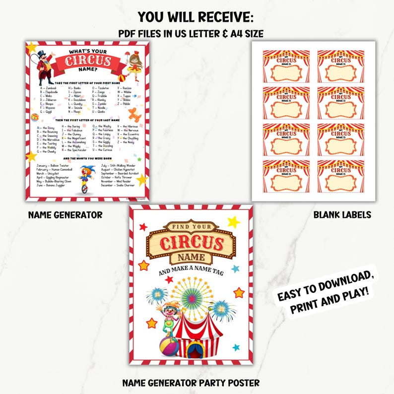 May include: A printable circus party game set with a name generator, blank labels, and a party poster. The name generator includes a list of circus-themed names and instructions to create a unique circus name. The party poster features a colorful circus tent with a clown and fireworks.