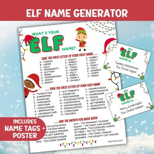 May include: An Elf Name Generator poster with name tags. The poster lists names based on the first letter of your first and last name, and birth month. Features an elf graphic and Christmas lights. Includes name tags.