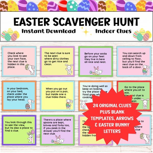 Kids Easter Scavenger Hunt, Fun Childs Indoor Holiday Game, Treasure Hunt Clues,  Easter Egg Hunt Activity, Kids Easter Activities