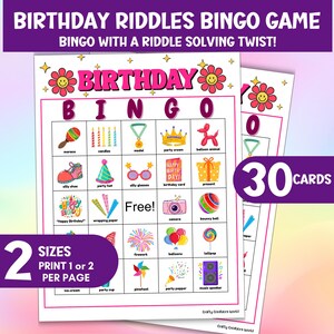 Jogo de Bingo de Aniversário, Atividade para Festa Infantil, 30 Cartões de Jogo de Aniversário para Imprimir com Dicas Divertidas para Crianças, Download Instantâneo Colorido