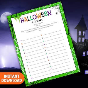 Può includere: Un gioco stampabile di corse A-Z a tema Halloween con un bordo verde e un design a ragnatela. Il gioco presenta la parola "Halloween" in lettere colorate e le istruzioni per scrivere un elemento legato ad Halloween accanto a ogni lettera dell'alfabeto.