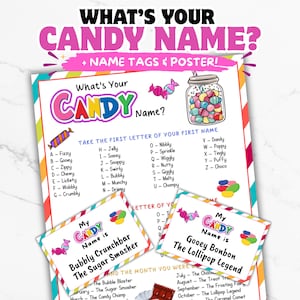 May include: A colorful candy-themed poster with the text "What's Your Candy Name?" and "Name Tags & Poster!" The poster includes a chart to determine a candy name based on the first letter of your first name and the month you were born.