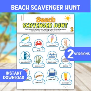 Caça ao tesouro na praia para imprimir para crianças, atividade para férias de verão, jogo de rastreamento e lista de verificação, jogo para festas ao ar livre, jogo de busca e descoberta nas férias de verão