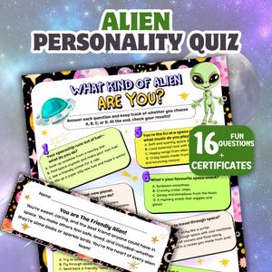 Pode incluir: Um colorido questionário de personalidade alienígena com o texto "Que tipo de alienígena você é?" apresenta 16 perguntas divertidas e certificados. O questionário inclui perguntas sobre naves espaciais, música e lanches.