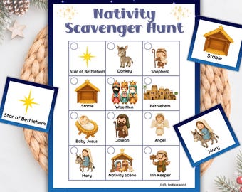May include: A Nativity Scavenger Hunt game sheet featuring a grid of twelve illustrations including a star, donkey, shepherd, stable, wise men, Bethlehem, baby Jesus, Joseph, angel, Mary, nativity scene, and inn keeper with checkboxes.