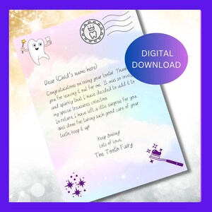 Carta personalizada del hada de los dientes, descarga instantánea, certificado de hada personalizado, nota del hada de los dientes, recibo de diente imprimible, recuerdo del primer diente