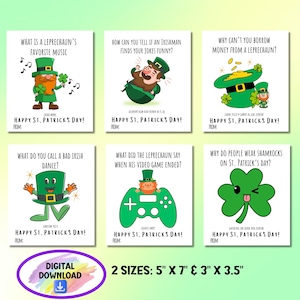 Lot de cartes imprimables pour la Saint-Patrick, blagues drôles, étiquettes cadeaux humoristiques de la Saint-Patrick, téléchargement de cartes de voeux, cartes pour enfants de la classe