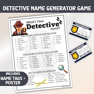 子供向け探偵の名前ゲーム、誕生日パーティーのラベル作成ツール、印刷可能な名札アクティビティ、秘密諜報員の警察バッジダウンロード