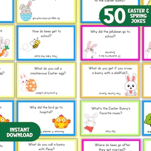Blagues sur la boîte à lunch de Pâques et du printemps pour enfants, 50 notes à imprimer, cartes de printemps amusantes, cadeaux de chasse de Pâques, devinettes du jour, brise-glace familial
