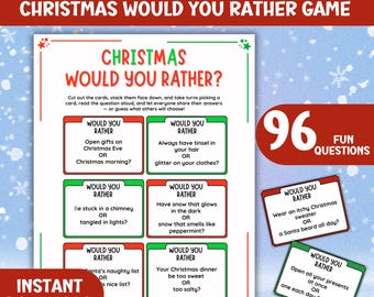 Może przedstawiać: Świąteczna gra "Would You Rather" z 96 zabawnymi pytaniami. Gra do wydrukowania zawiera czerwone i zielone karty z różnymi scenariuszami związanymi ze świętami. Widoczne są również słowa "Natychmiastowe pobieranie".