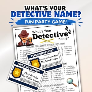 Può includere: Un divertente gioco da festa intitolato "Qual è il tuo nome da detective?" presenta un'illustrazione di un detective, un elenco di nomi e due oggetti di scena con distintivi della polizia. Il gioco utilizza la prima lettera del tuo nome e il tuo mese di nascita.