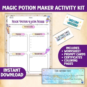 May include: A Magic Potion Maker Activity Kit with a recipe maker, prompt cards, and certificates. The kit includes a worksheet, coloring pages, and the text "Unicorn Whiskers" and "Clap three times and sneeze on it."
