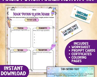 Kit imprimible para preparar pociones mágicas, hoja de trabajo con recetas para la escuela de magia, certificados y páginas para colorear, juego creativo, juego de rol de mago para niños