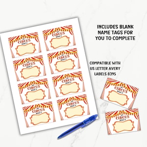 May include: Printable name tags with a circus theme. The tags feature a red and white striped tent with a yellow border and the text "My Circus Name Is".