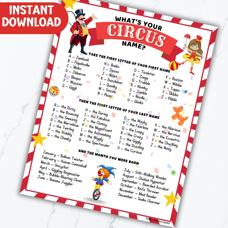 What's Your Circus Name Game For Kids, Birthday Party Carnival Name Generator, Printable Greatest Show Tags, Big Top Instant Printable image 2