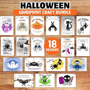 Peut inclure: Une collection numérique de 18 modèles de bricolage avec empreintes de mains pour Halloween, incluant des illustrations de citrouilles, fantômes, chauves-souris et squelettes. Chaque page offre un espace pour les empreintes et des textes comme My First Halloween, Batty for Halloween et Trick or Treat Smell My Feet.