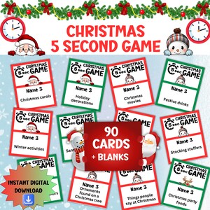 Jogo de 5 segundos para a festa de Natal, atividade divertida para a família, quebra-gelo no escritório, pense rápido no Natal, jogos de cartas de Natal para imprimir, diversão em ritmo acelerado