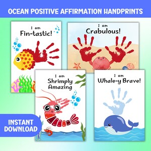 Ocean Theme Handprint Art Bundle, Summer Printable for Kids, Positive Affirmation Nursery Wall Art Prints, Child Self Esteem Activities.