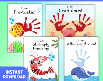 Ocean Theme Handprint Art Bundle, Summer Printable for Kids, Positive Affirmation Nursery Wall Art Prints, Child Self Esteem Activities.
