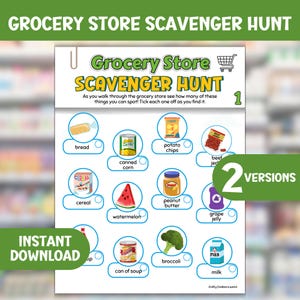 以下が含まれることがあります： 「Grocery Store Scavenger Hunt」と題された、印刷可能な食料品店宝探し。パン、シリアル、牛乳などの食料品のイラストが特徴です。「Instant Download」の文字も表示されています。