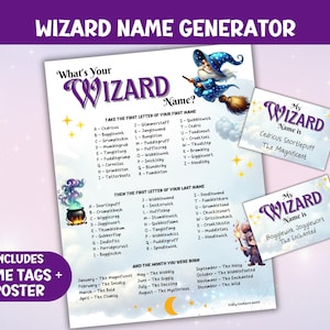 May include: A Wizard Name Generator poster with name tags. The poster has a wizard illustration and text that reads "What's Your Wizard Name?" and "Includes Name Tags + Poster". The name tags have wizard names.