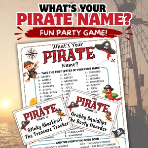May include: A white paper party game sheet titled What's Your Pirate Name with red and black text, featuring a monkey and parrot in pirate hats, a compass, and two rectangular name tags with the text My Pirate Name is Grubby Squidlips The Booty Hoarder.