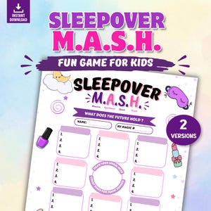 Könnte beinhalten: Ein druckbares M.A.S.H.-Spiel für eine Pyjamaparty für Kinder. Das Design zeigt den Text "SLEEPOVER M.A.S.H. FUN GAME FOR KIDS" in Lila und Rosa. Das Spiel enthält Ausfüllfelder und dekorative Elemente.