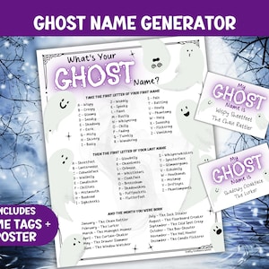 May include: A Halloween-themed poster and name tags with a ghost name generator. The poster features a purple and white design with ghost illustrations and text that reads "Ghost Name Generator." Includes name tags and a poster.