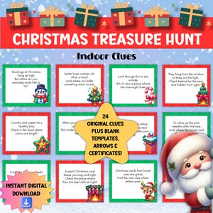 Caccia al tesoro di Natale Gioco di società stampabile per bambini Attività per le vacanze per bambini al chiuso Divertimento in famiglia Caccia al tesoro Regali dell'Avvento Carte indizio