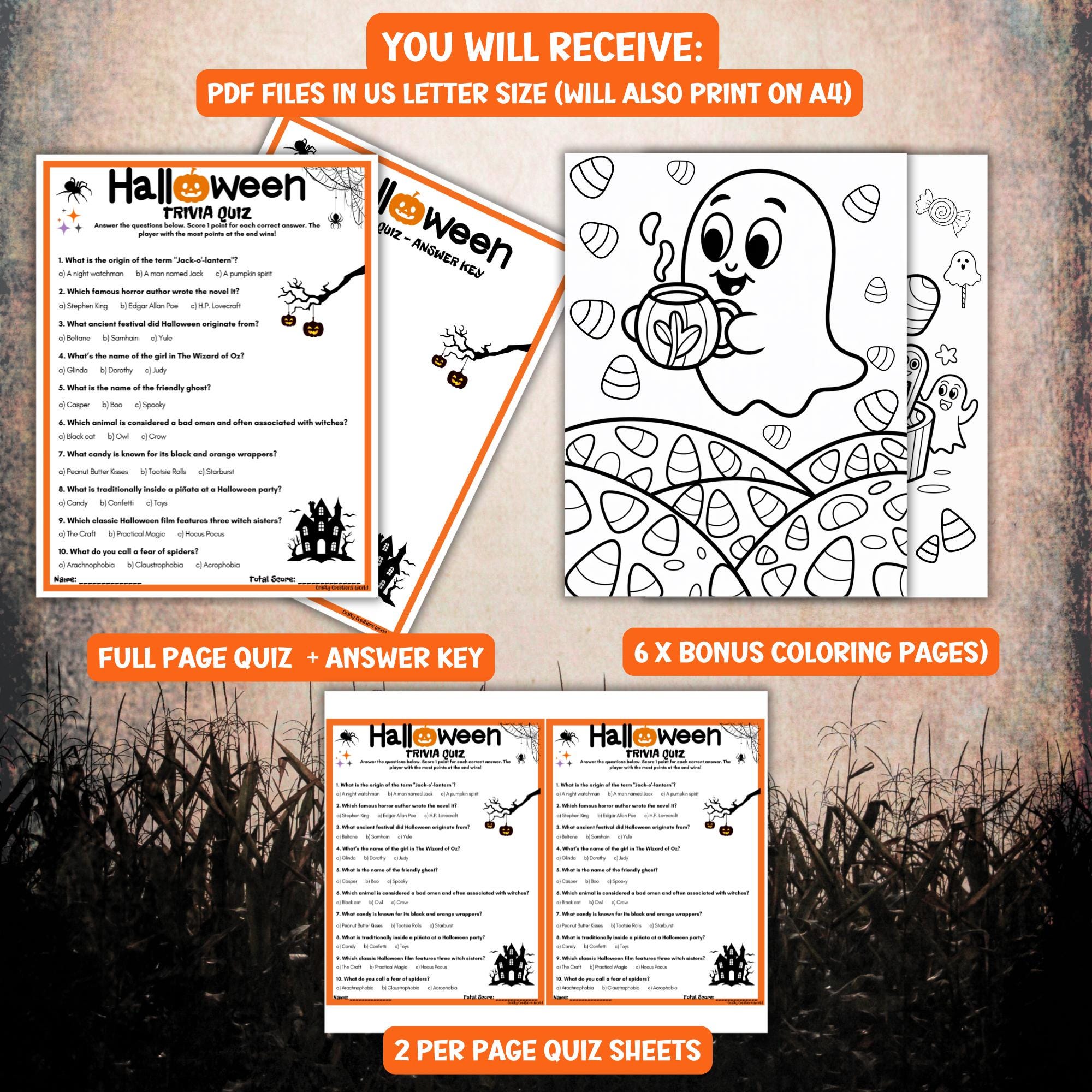 Trivia Color Sheets Halloween Trivia Quiz Printable, Spooky Multiple Choice Question ...