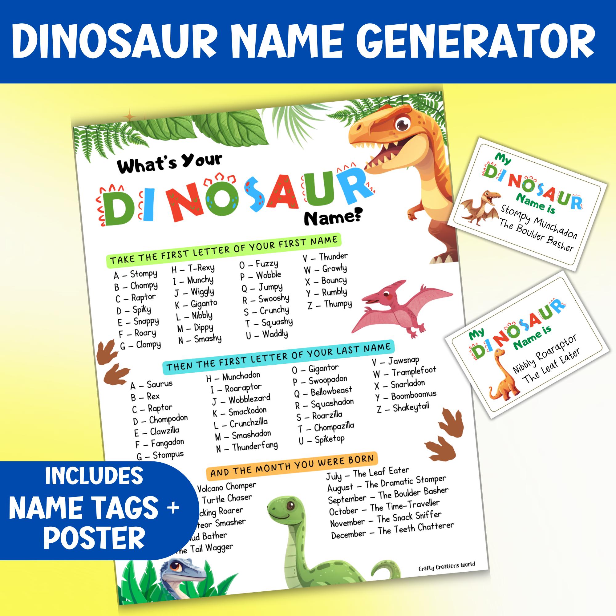 Jogo de festa infantil "Qual é o seu nome de dinossauro?", jogo divertido com gerador de títulos jurássicos, atividade para imprimir, brincadeira de faz de conta em sala de aula, etiquetas de nomes