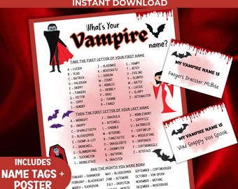 Whats Your Vampire Name Halloween Game, Vampire Name Generator Activity, Printable Funny Name Tags, Halloween Party Instant Download