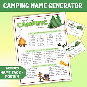 Whats Your Camping Name Game For Kids, Summer Camp Label Generator, Printable Party Name Tags Activity, Funny Icebreaker Badge Download