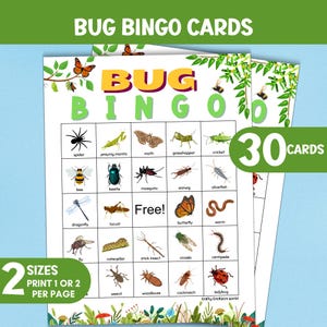 Puede incluir: Tarjetas de Bingo de insectos con un diseño verde y blanco. Las tarjetas presentan ilustraciones de varios insectos, incluyendo arañas, abejas y mariposas. El texto en las tarjetas dice "Bug Bingo", "30 tarjetas" y "2 tamaños, imprimir 1 o 2 por página."