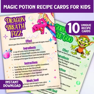 Cartes de recettes de potions pour enfants, Collations magiques imprimables, Cartes de plats fantastiques, Friandises magiques comestibles pour la fête, Cartes magiques pour enfants, Sorts école de sorcellerie