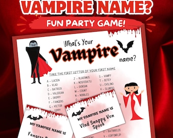 Whats Your Vampire Name Halloween Game, Vampire Name Generator Activity, Printable Funny Name Tags, Halloween Party Instant Download