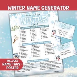 May include: A winter name generator poster and name tags. The poster has a blue snowflake design with text that reads "Winter Name Generator." The name tags feature penguin illustrations and winter-themed names.